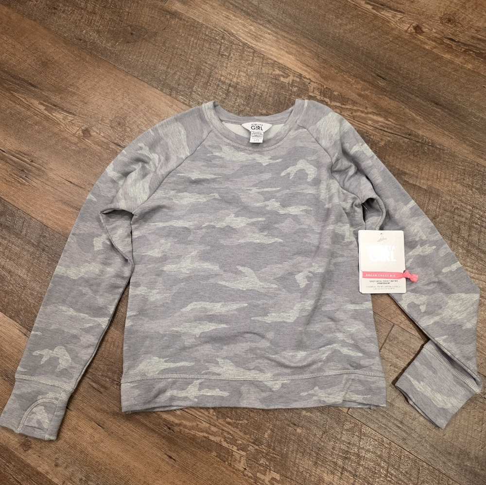 Athleta Girl Cozy Cross Your Fingers Camo Sweatshirt — Light Gray New